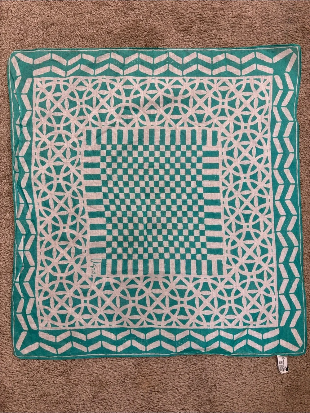 Turquoise and White Geometric Square Scarf 100% Cotton